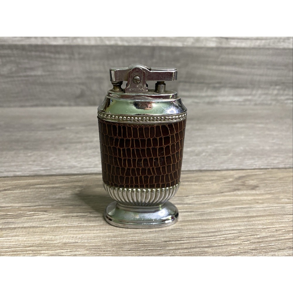 1950's Vintage Excello Table Lighter Chrome &Faux Leather Wrap